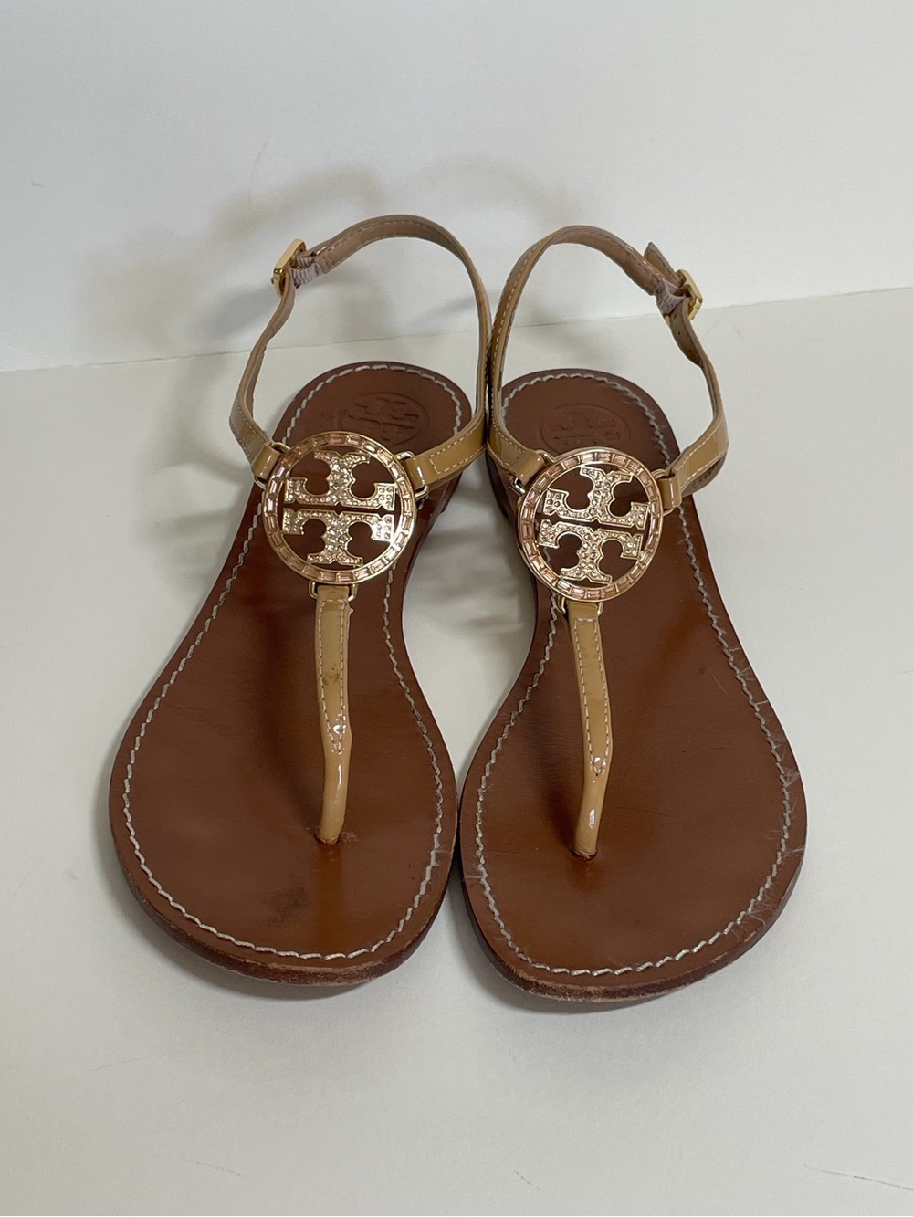 Tory Burch Crystal Logo Medallion T-strap Sandals, 9M